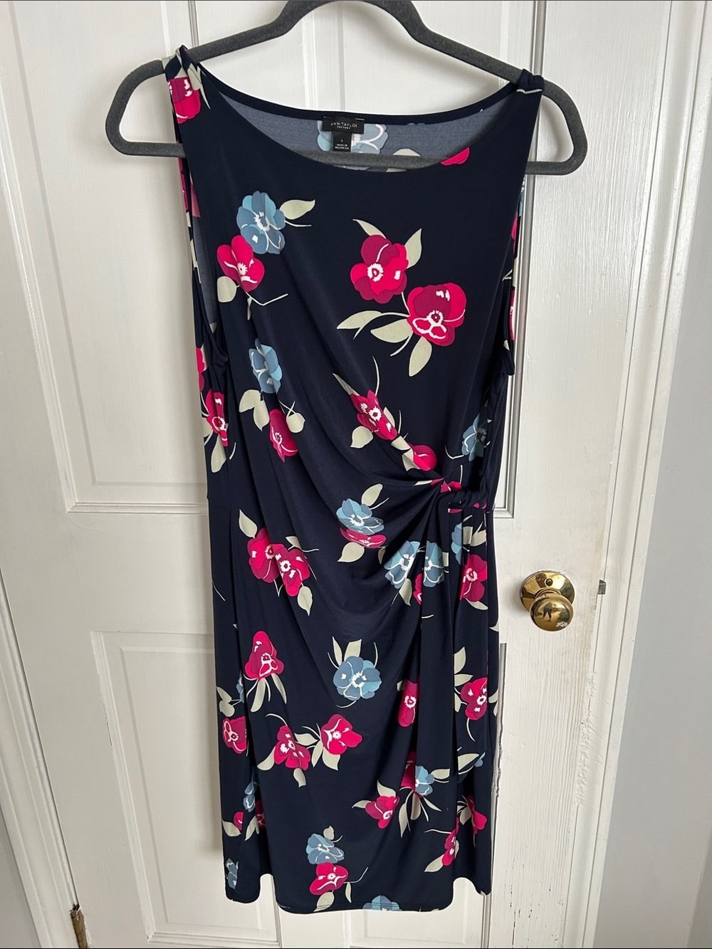 Sleeveless Navy Floral Wrap-Front Dress with Pink & Blue Blooms